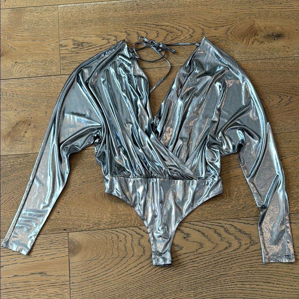 Metallic Silver Long-Sleeve Surplice Bodysuit